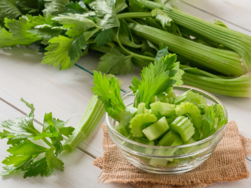 Bunch of Whole and sliced raw celery.