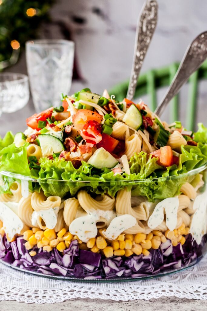 Christmas Pasta Salad with Cabbage, Corn, Cucumber and Cheese