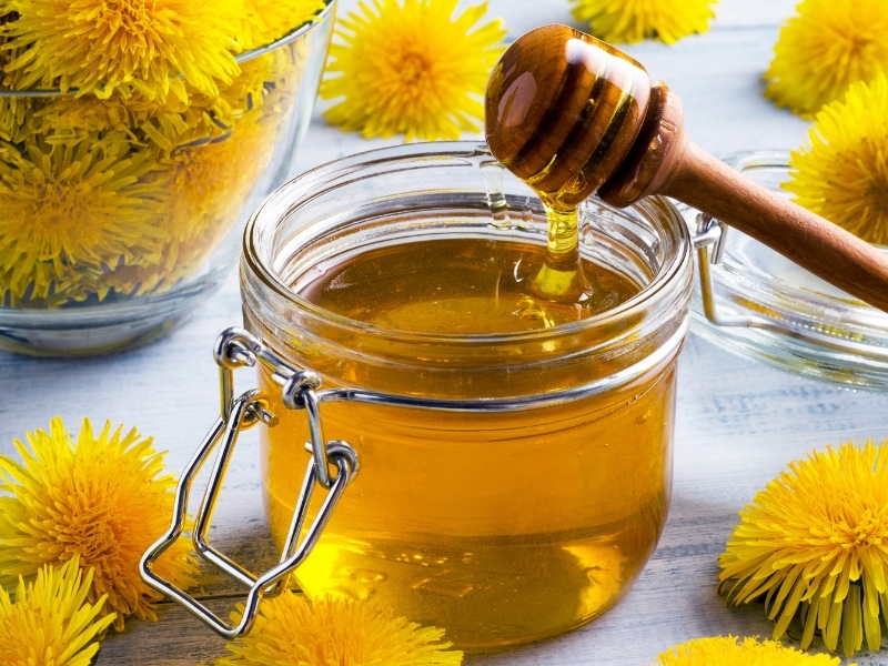 Dandelion Honey in a Clear Jar