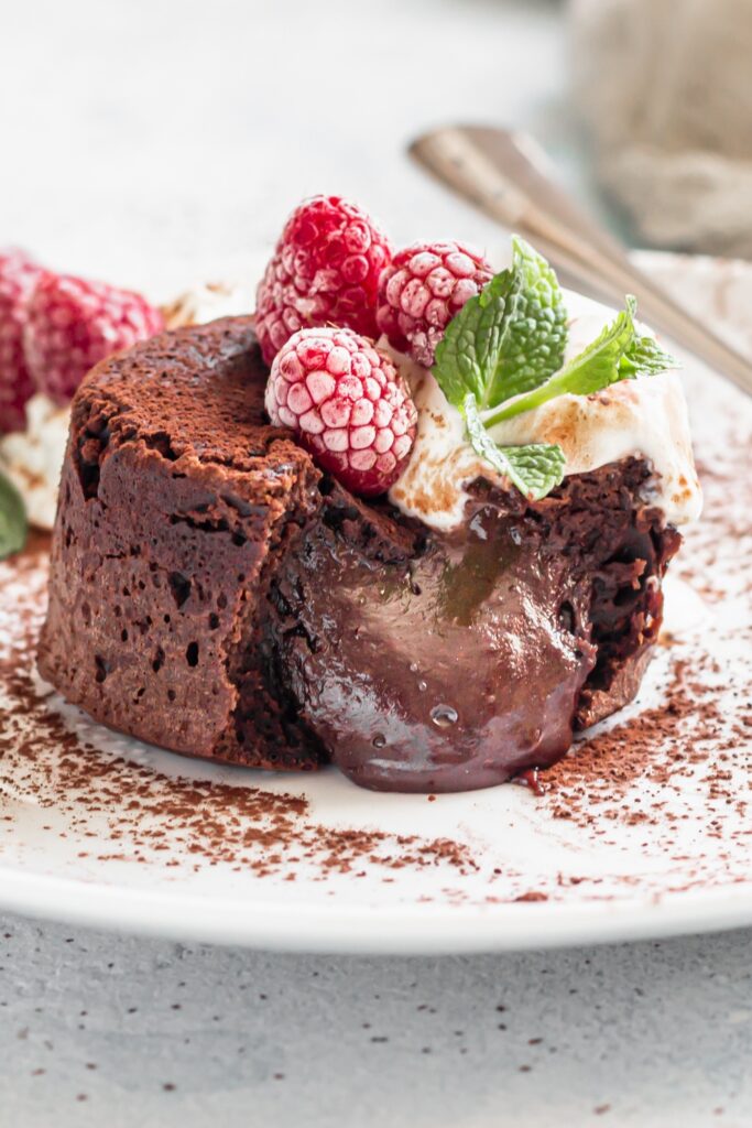 Delicious Chocolate Souffle with Raspberries and Mint