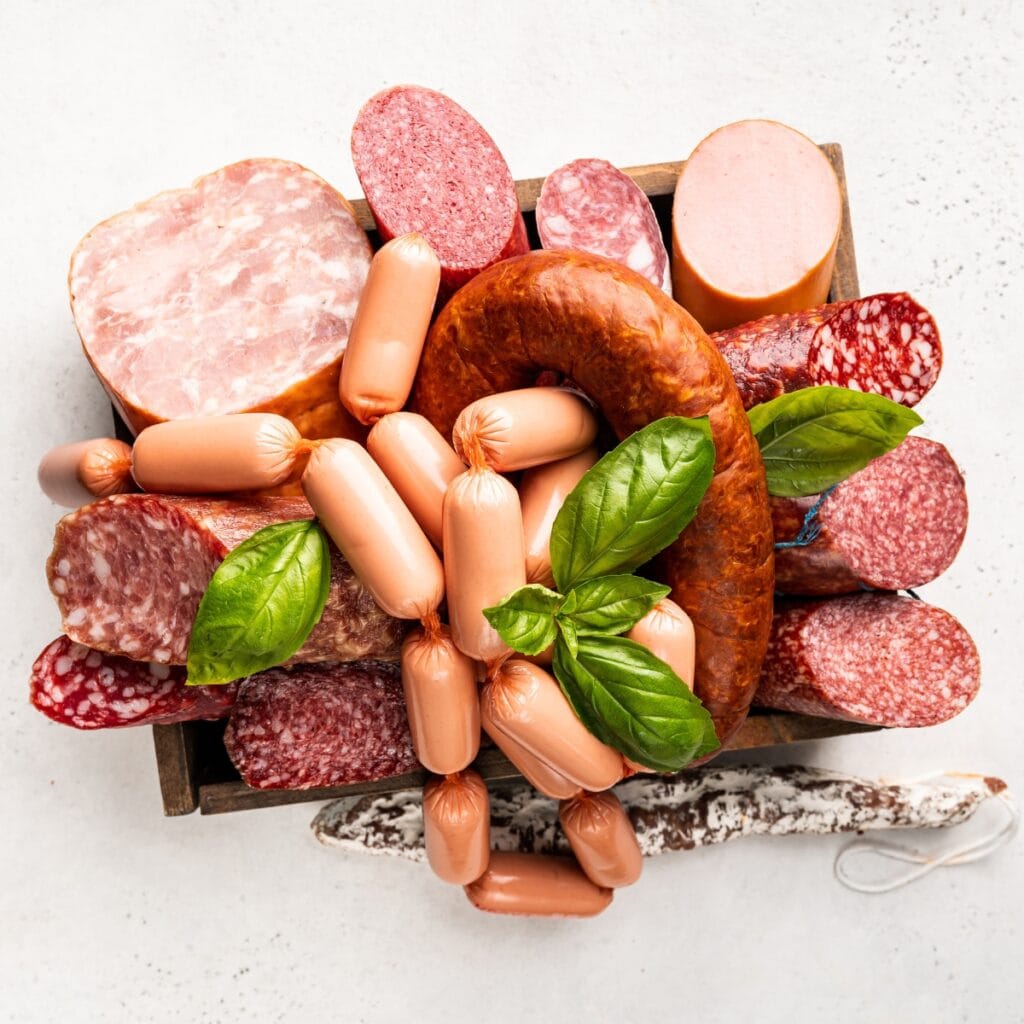 Different Types of Sausages with Salami and Smoked Meat