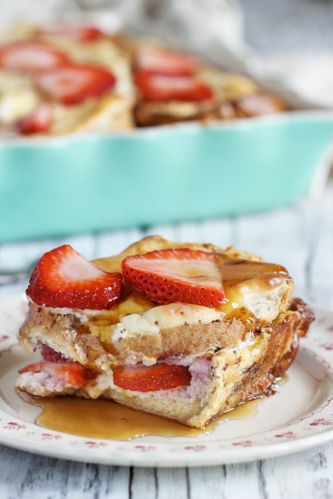 French Toast Casserole Topped with Fresh Strawberries
