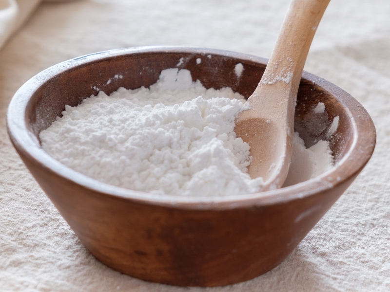 Gluten-Free Flour in a Wooden Bowl with Wooden Spoon