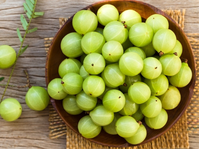 Gooseberries in a Wooden Bowl