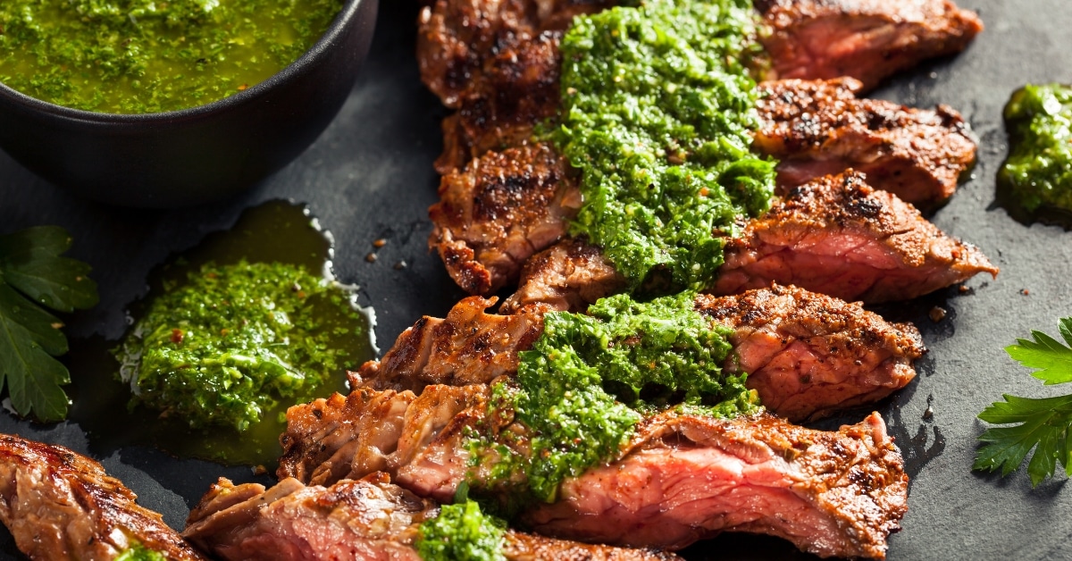 Homemade Cooked Skirt Steak with Chimichurri Sauce and Spices