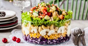 Homemade Pasta Salad with Cabbage, Corn, Cucumber and Cheese