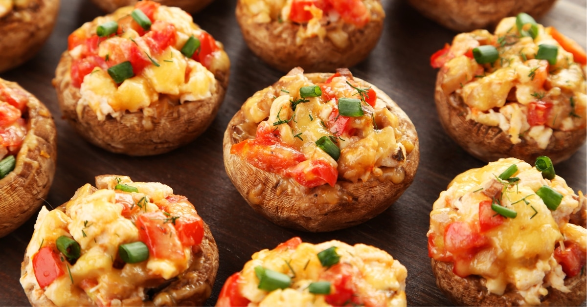 Homemade Stuffed Mushrooms with Onions, Tomatoes and Cheese