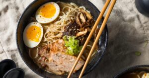 Homemade Tonkotsu Ramen with Pork, Mushrooms and Egg