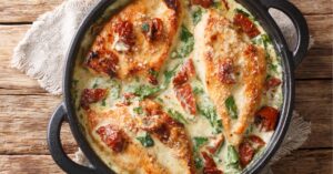 Homemade Vegan Baked Chicken with Creamy Sauce, Sun-Dried Tomatoes and Spinach