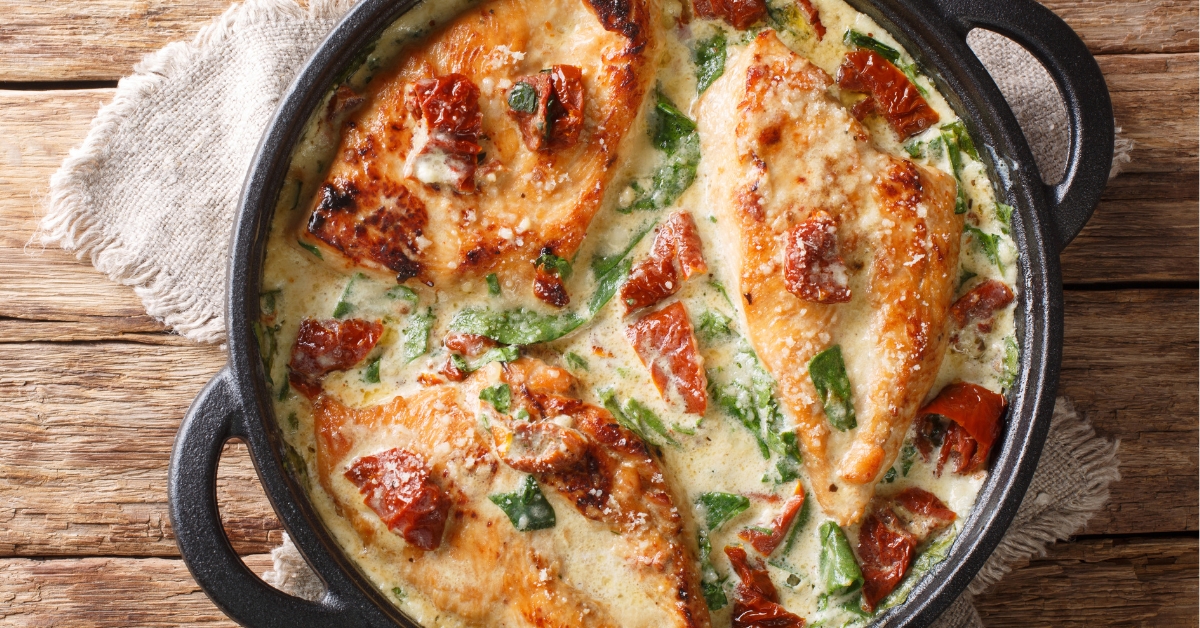 Homemade Baked Chicken with Creamy Sauce, Sun-Dried Tomatoes and Spinach