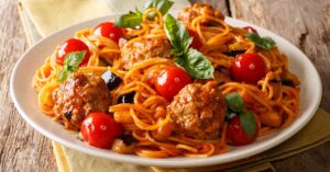 Homemade Spaghetti Meatballs with Cherry Tomatoes and Olives