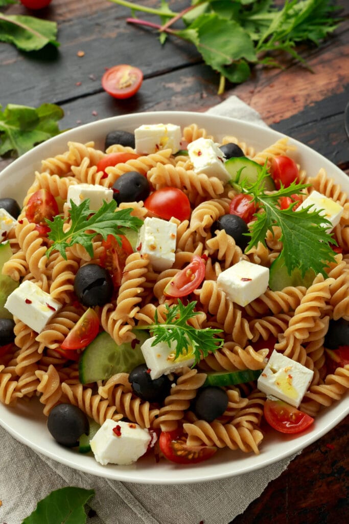 Bowl of Ina Garten's Tomato Feta Pasta Salad Recipe