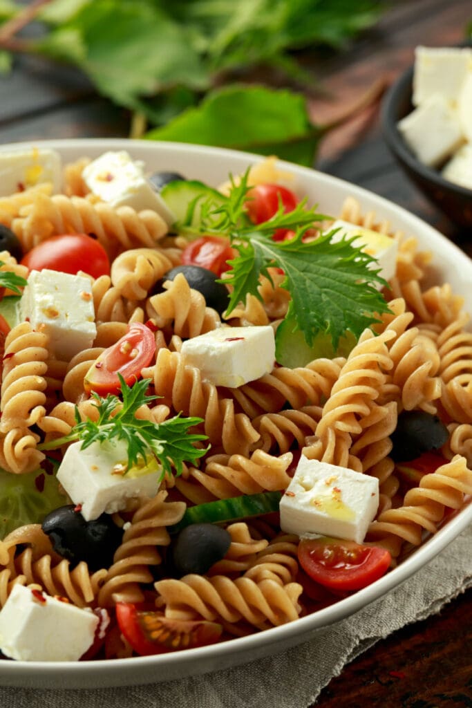 Bowl of Ina Garten's Tomato Feta Pasta Salad Recipe