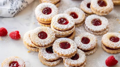 Linzer Cookies Piled on a White Marble Table with Fresh Raspberries and Kitchen Towel
