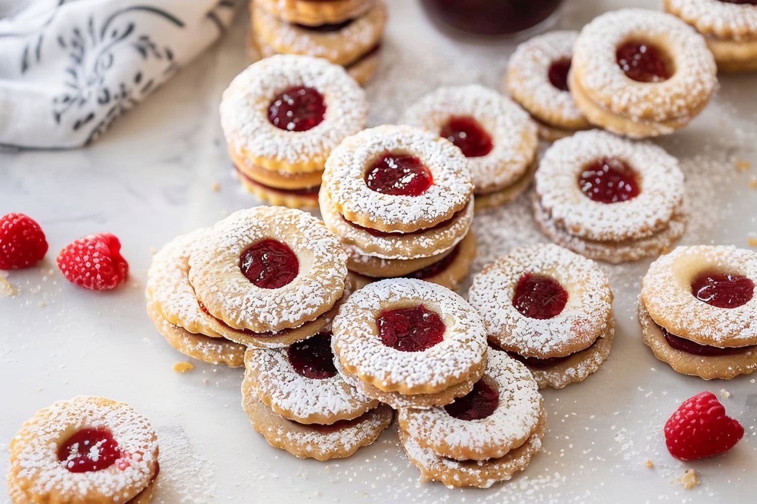 Linzer Cookies Piled on a White Marble Table with Fresh Raspberries and Kitchen Towel