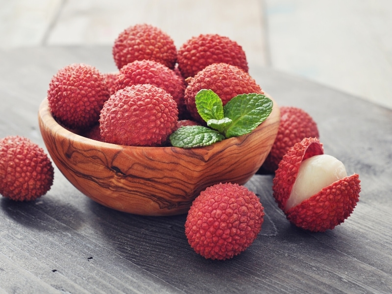 Fresh Lychees in a Wooden Bowl