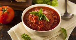 Marinara Sauce with Tomatoes and Basil in a White Bowl