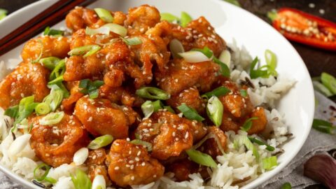 Orange Chicken with Sesame Seeds, Green Onions and Rice