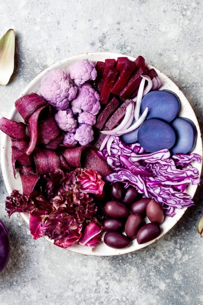 Raw Organic Purple Vegetables Including Cabbage, Cauliflower and Beets