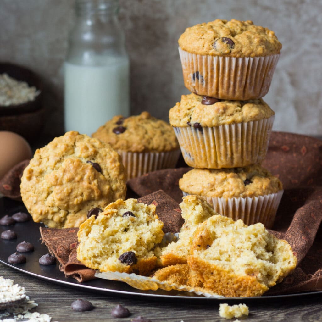 Chocolate Chip Oatmeal Muffins on a Metal Tray