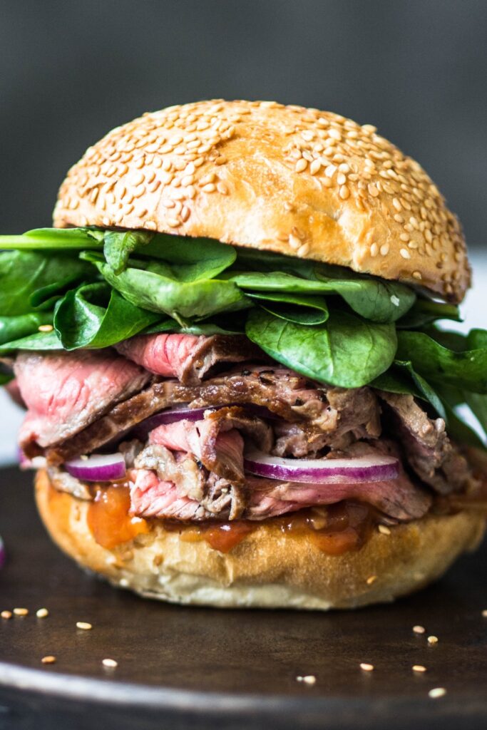 Steak Sandwich with Onions and Spinach