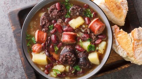Warm Homemade Portuguese Stone Soup with Sausage, Potatoes, Beans and Bread