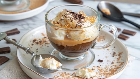 Affogato in a Glass Mug on a White Plate with a Spoon and a Dusting of Cocoa