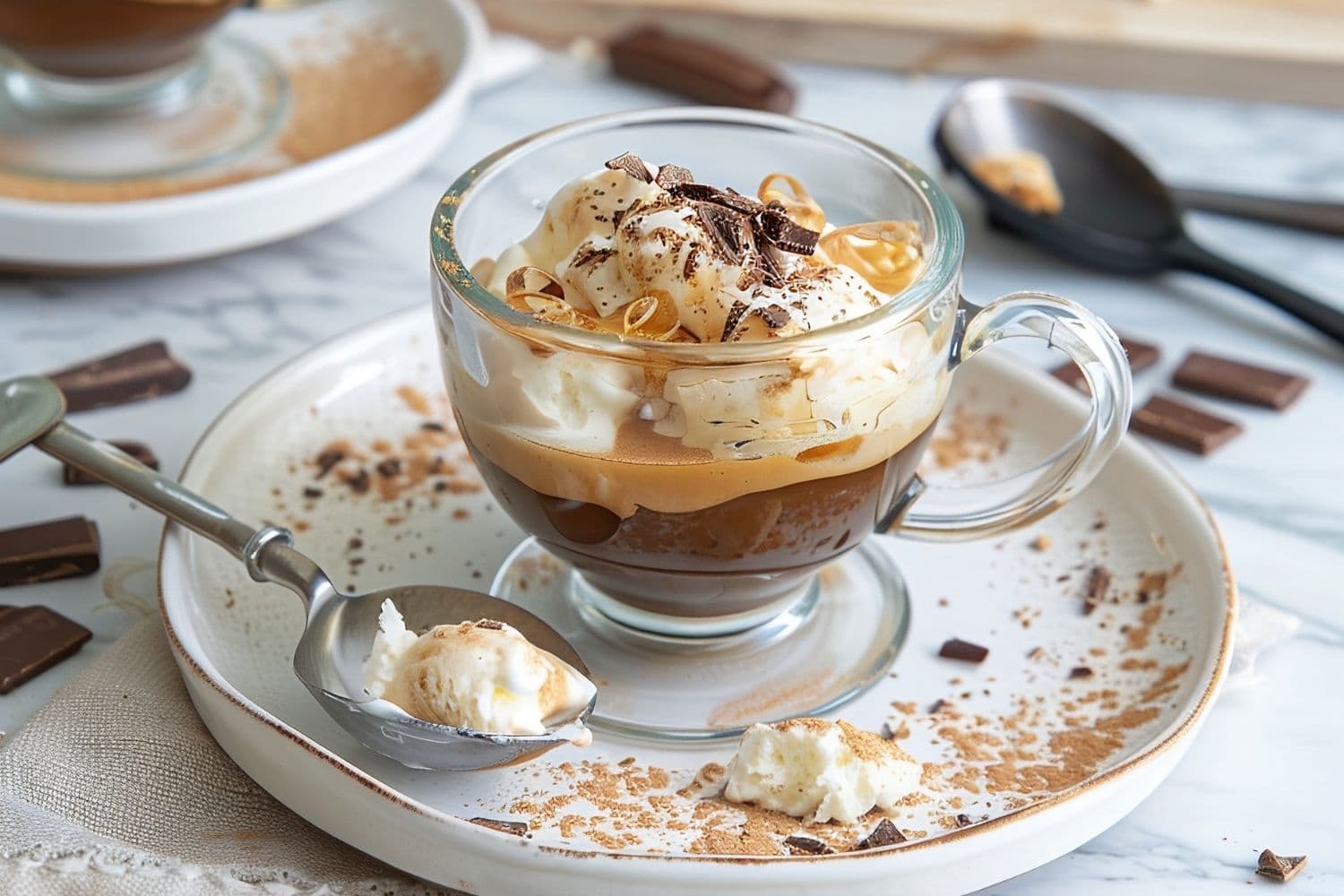 Affogato in a Glass Mug on a White Plate with a Spoon and a Dusting of Cocoa