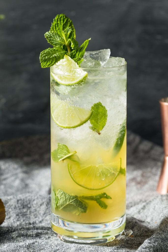 Boozy Dark Rum Mojito with Ice and Lime