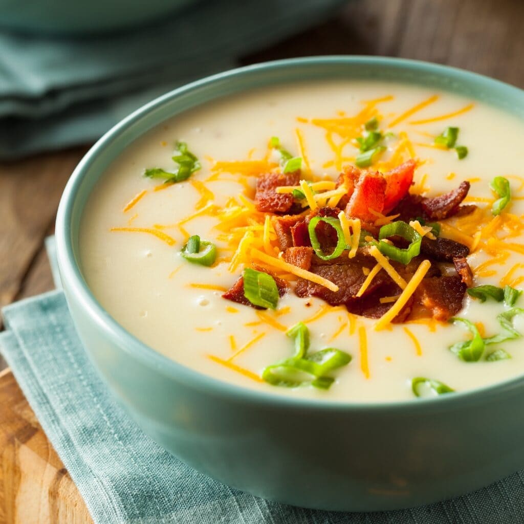 Bowl of Homemade Potato Soup with Bacon, Cheese and Green Onions