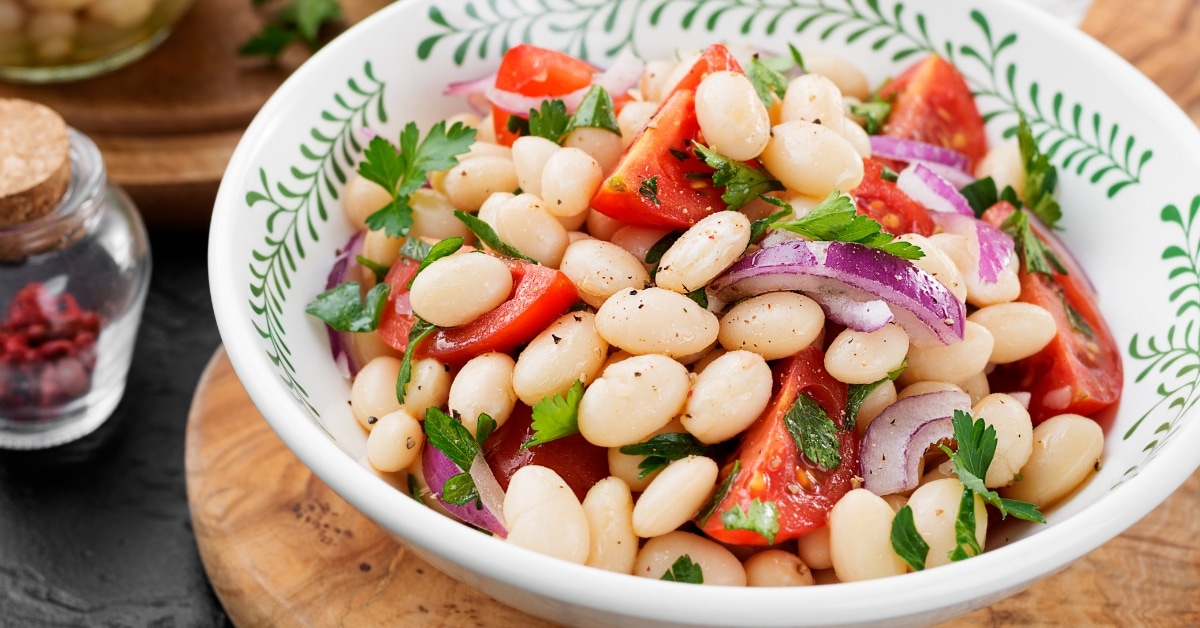 Bowl of Homemade White Bean Salad with Tomatoes