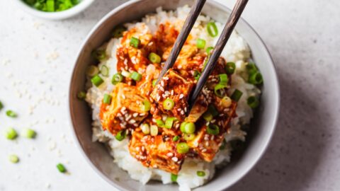 Bowl of Tofu and Rice with Green Onions and Sesame Seeds