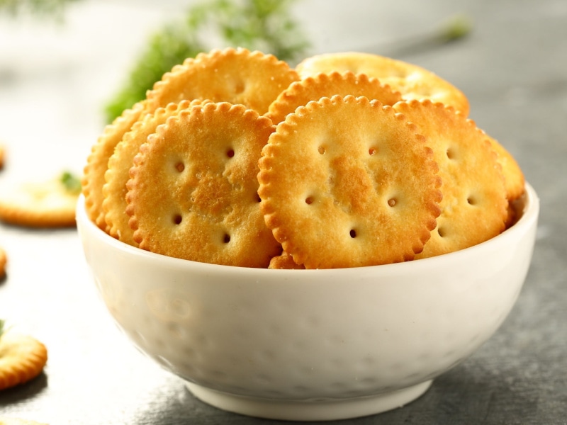 Buttery Crackers in a white bowl
