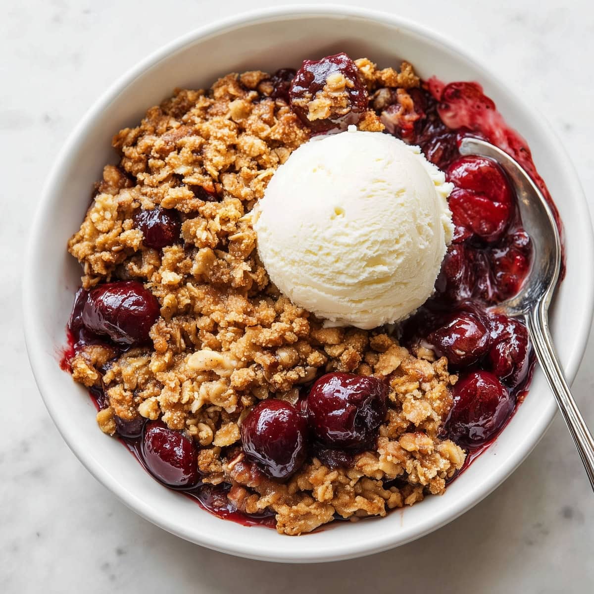 An overhead view of cherry crisp in a bowl topped with a scoop of ice cream.