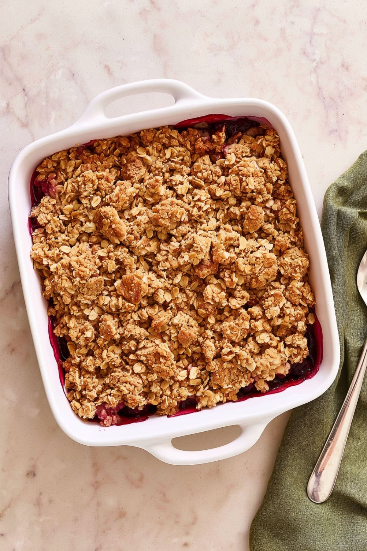Cherry crisp with crumbly topping in a 2-quart baking dish, top view