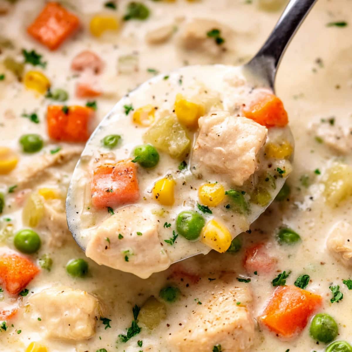 A spoonful of chicken pot pie soup with peas, corn, carrots and celery.