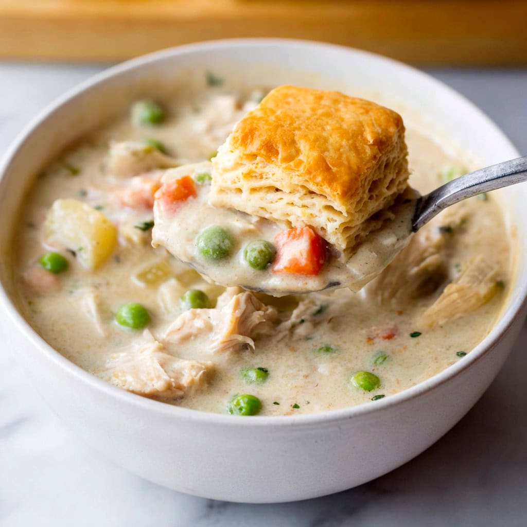 Creamy chicken pot pie soup with mixed vegetables and biscuit in a bowl.