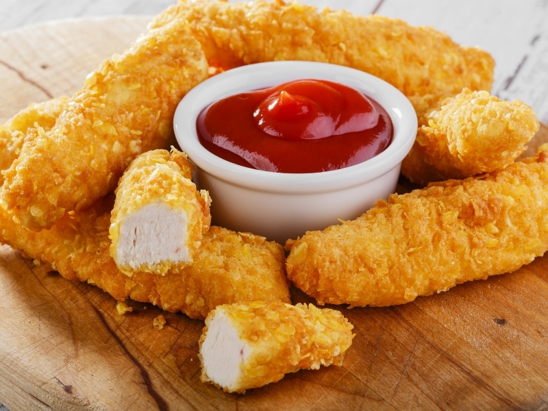 Chicken Tenders on a Wooden Cutting Board with Ketchup Dip