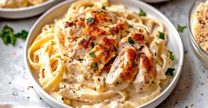 Homemade creamy chicken alfredo pasta with parsley and cheese