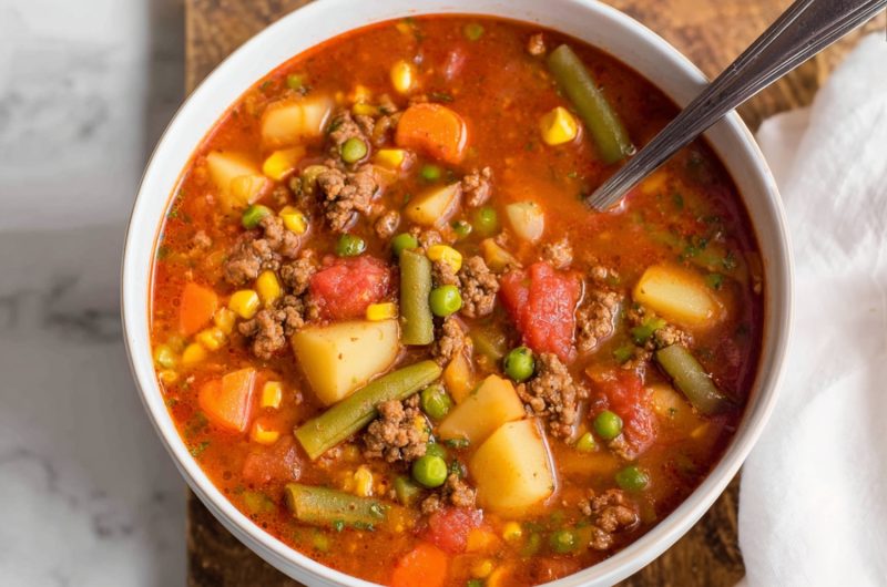 Homemade ground beef vegetable soup with carrots, potatoes, corn and green peas.
