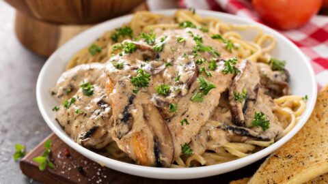 Homemade Chicken Marsala with Mushrooms and Gravy Sauce with Bread