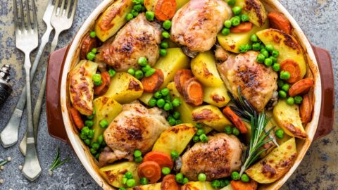 Homemade Chicken Thighs with Potatoes, Carrots and Peas
