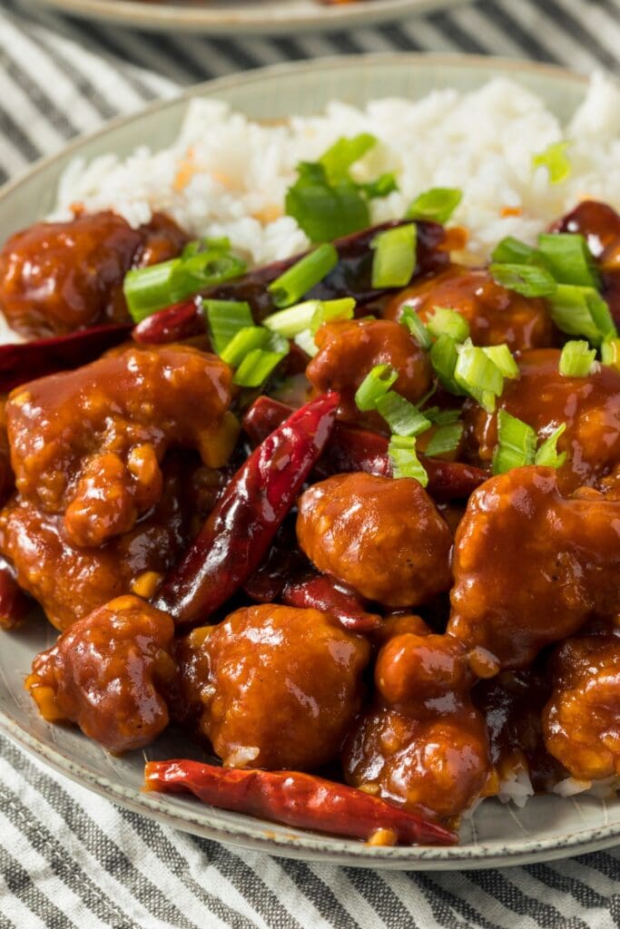 Homemade General Tsos Chicken with Rice and Green Onions