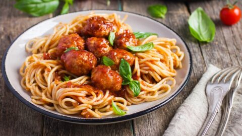 Homemade Italian Meatballs with Pasta, Basil and Tomato Sauce