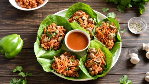 Homemade Minced Meat Lettuce Wraps with Carrots and Sauce