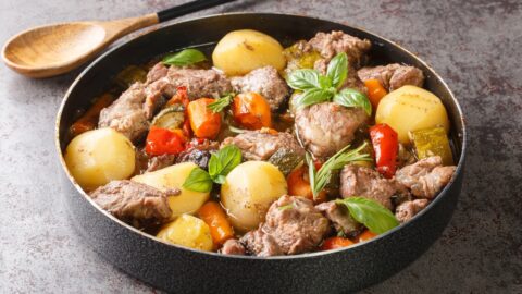 Homemade Peka with Lamb Meat, Potatoes and Carrots in a Casserole