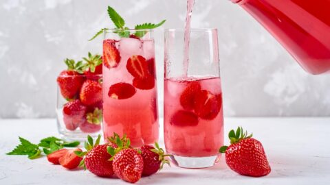 Homemade Refreshing Strawberry Lemonade Poured in a Glass