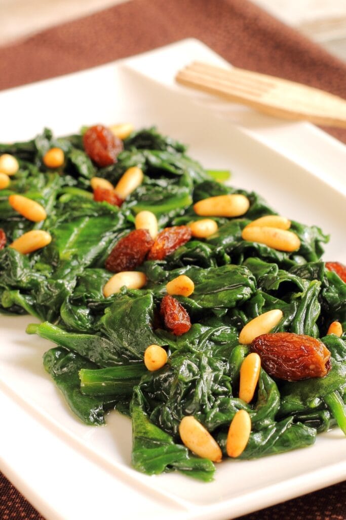 Homemade Sauteed Spinach with Raisins and Pine Nuts