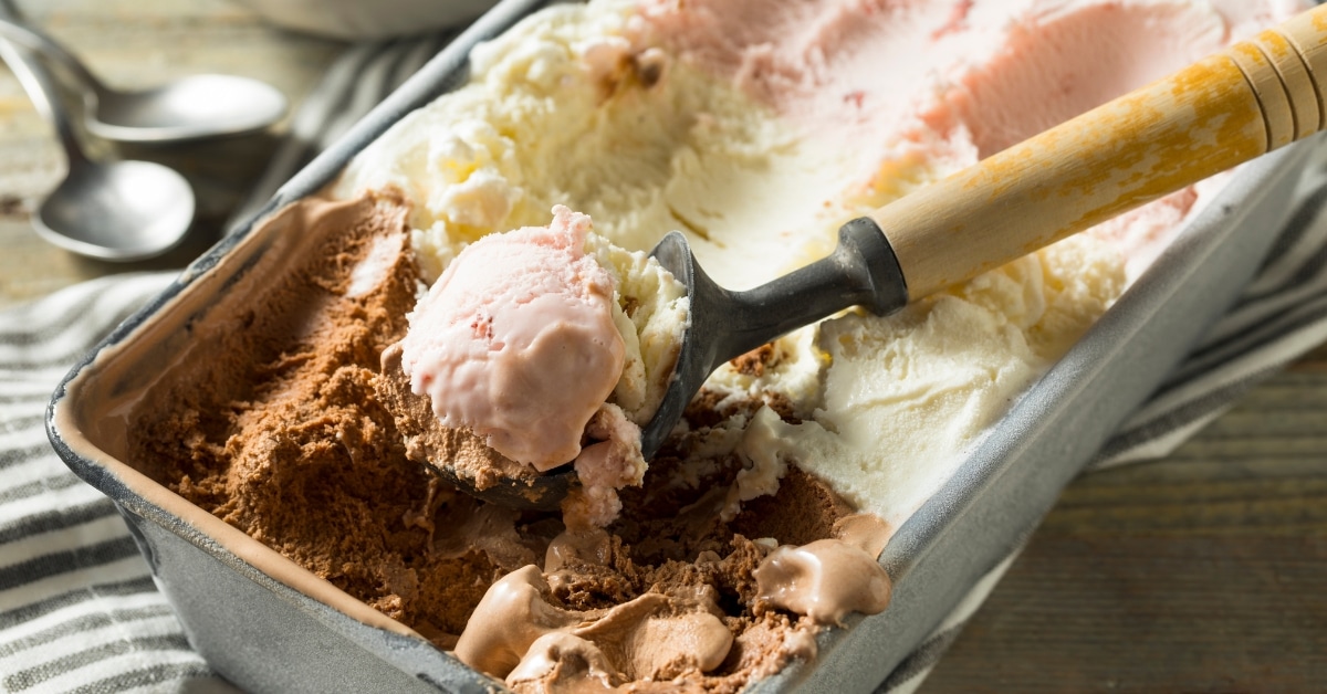 Homemade Sweet Neapolitan Ice Cream with Chocolate, Vanilla and Strawberry Flavor