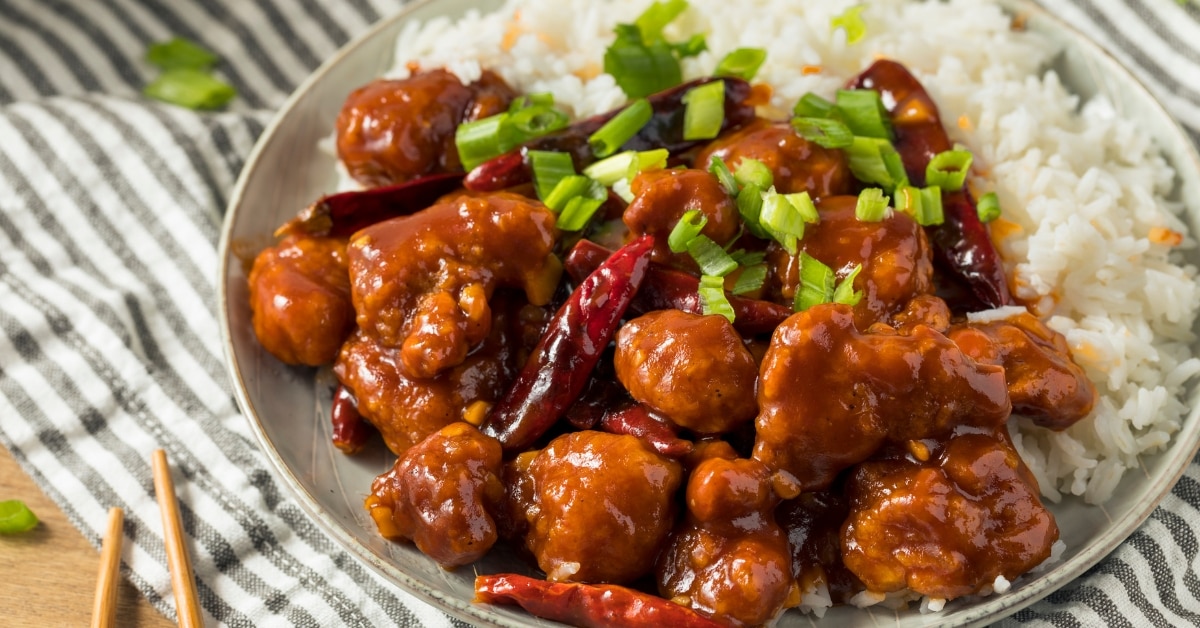 Homemade General Tsos Chicken with Green Onions and Rice
